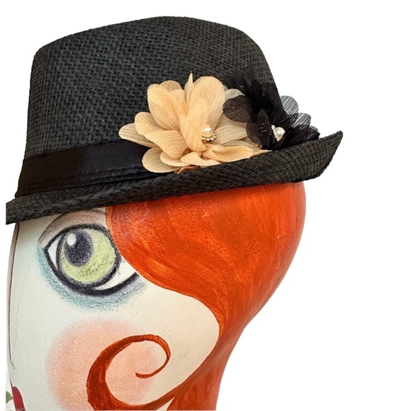 FEDORA ~ Black Fedora with Black Satin Ribbon and Interchangeable Flower Clips - Picture 5 of 6